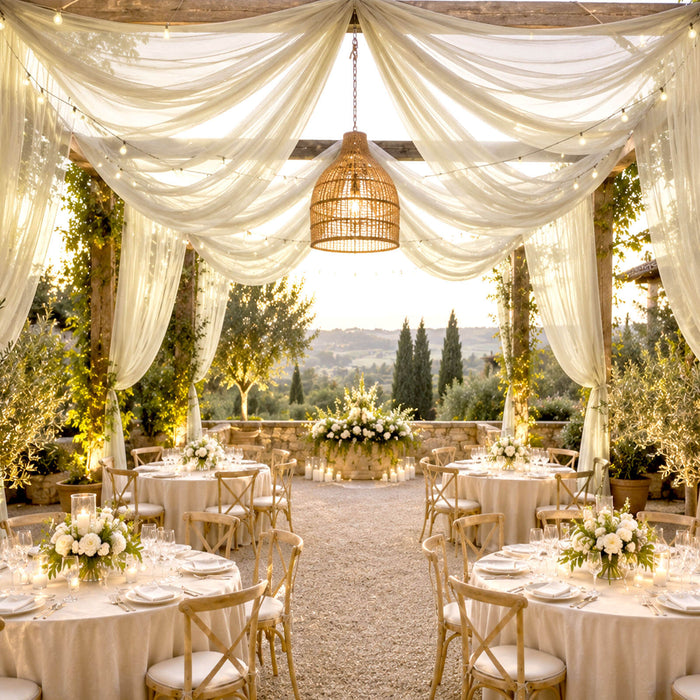 Elegant outdoor wedding reception with draped canopy, lantern, and floral tablescape