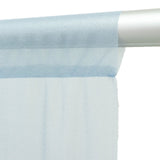 Close-up of light blue fabric curtain with white rod on a white background