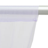 Close-up of white curtain fabric with lavender trim on a curtain rod