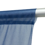 Blue sheer fabric banner on white pole, close-up detail