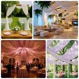 Elegant wedding decor with draped fabric and floral arrangements in various settings.