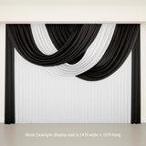 Black and white draped curtain display with size note overlay