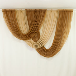 Layered sheer curtains in warm brown tones.