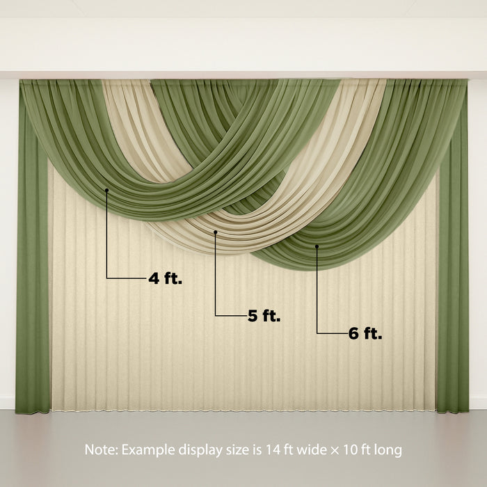 Layered green and cream drapery fabric hanging elegantly.