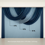 Navy and light blue curtain drapes on a light wall backdrop, showcasing a layered design.