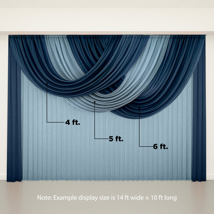 Navy and light blue curtain drapes on a light wall backdrop, showcasing a layered design.