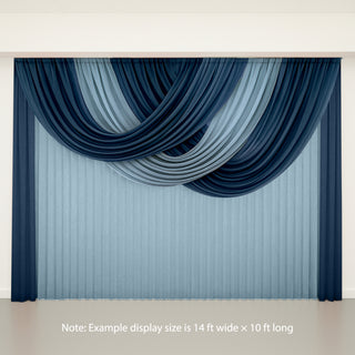 Elegant blue and gray curtain drapery on a light backdrop.