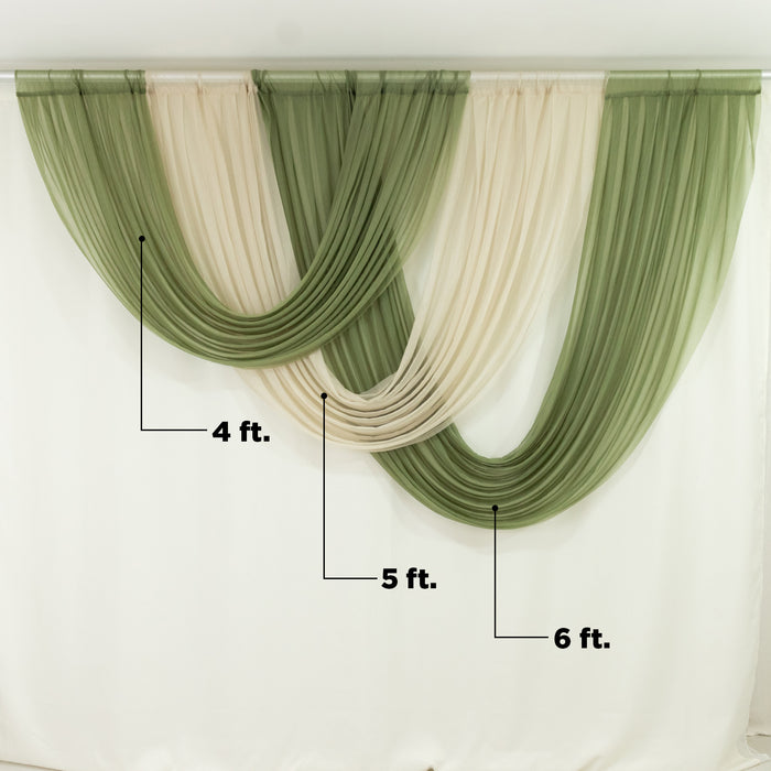 Elegant green and cream sheer drapery fabric display.