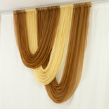 Sheer fabric drapes in brown and cream colors arranged in a flowing design.