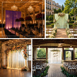 Wedding ceremony backdrops with drapes, flowers, and fairy lights in elegant venues