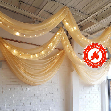 5ftx32ft Premium Champagne Chiffon Curtain Panel, Durable Flame Resistant Backdrop Ceiling Drapery With Rod Pocket