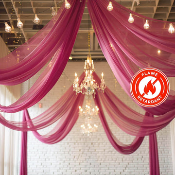 5ftx32ft Premium Fuchsia Chiffon Curtain Panel, Durable Flame Resistant Backdrop Ceiling Drapery With Rod Pocket