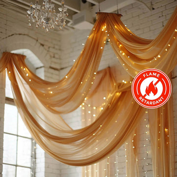 5ftx32ft Premium Gold Chiffon Curtain Panel, Durable Flame Resistant Backdrop Ceiling Drapery With Rod Pocket