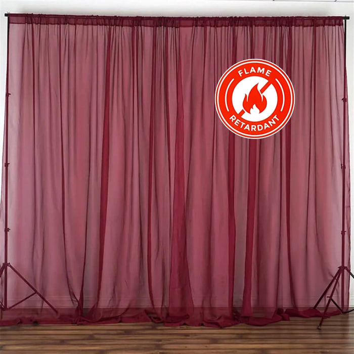 Burgundy Fire Retardant Sheer Organza Premium Curtain Panel Backdrops With Rod Pockets - 10ftx10ft