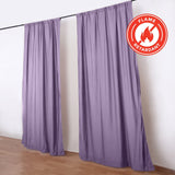 Purple flame retardant curtains on a rod with fire safety badge