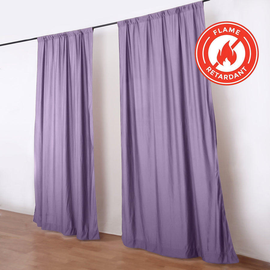 Purple flame retardant curtains on a rod with fire safety badge