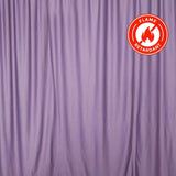 Purple flame-retardant fabric drape with certification emblem. #whtbkgd