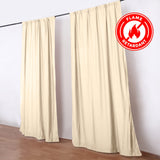 Beige flame retardant curtains with fire safety badge