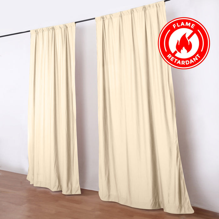 Beige flame retardant curtains with fire safety badge