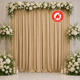 Elegant floral wedding backdrop with beige curtains and flame retardant badge