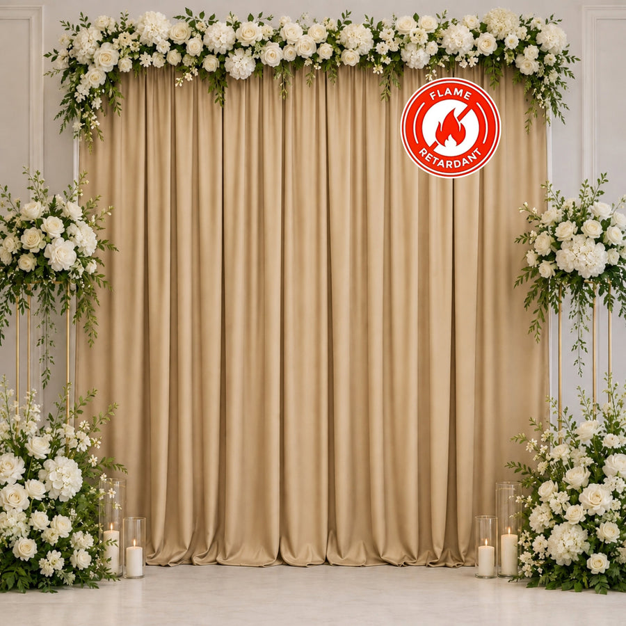 Elegant floral wedding backdrop with beige curtains and flame retardant badge
