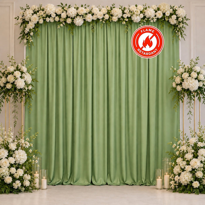 Elegant green floral wedding backdrop with white roses and candles, flame retardant