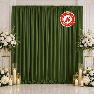 Green fire retardant curtain backdrop with white floral wedding decor and candles