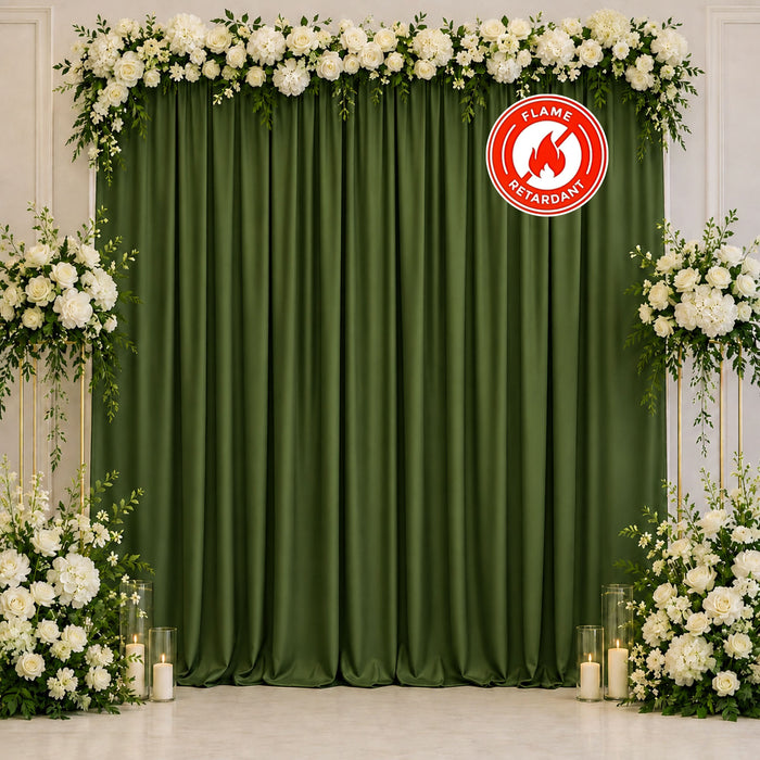 Green floral wedding backdrop with white roses and flame retardant curtain