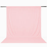 Pink sheer curtain hanging from a chrome rod on a white background#whtbkgd