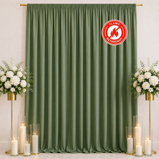 Olive green flame retardant curtain backdrop with floral stands and candles
