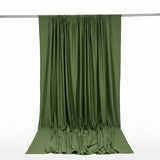 Olive green satin curtain draped on a rod against a white background