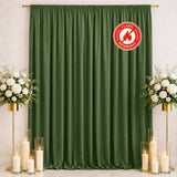 Green flame-retardant curtains with floral decor and candle arrangements