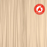 Flame retardant curtains in beige with safety certification emblem #whtbkgd