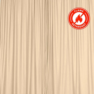 Flame retardant curtains in beige with safety certification emblem #whtbkgd