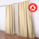 Beige flame retardant curtains on black rod, decorative room divider
