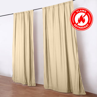 Beige flame retardant curtains on black rod, decorative room divider
