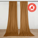 Flame retardant gold stage curtains hanging on a wall display