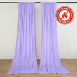Lavender flame-retardant curtains on display with red certification logo