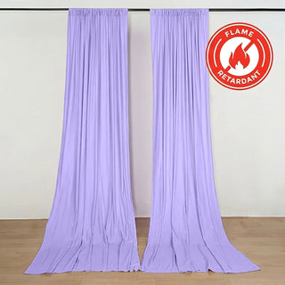Lavender flame-retardant curtains on display with red certification logo