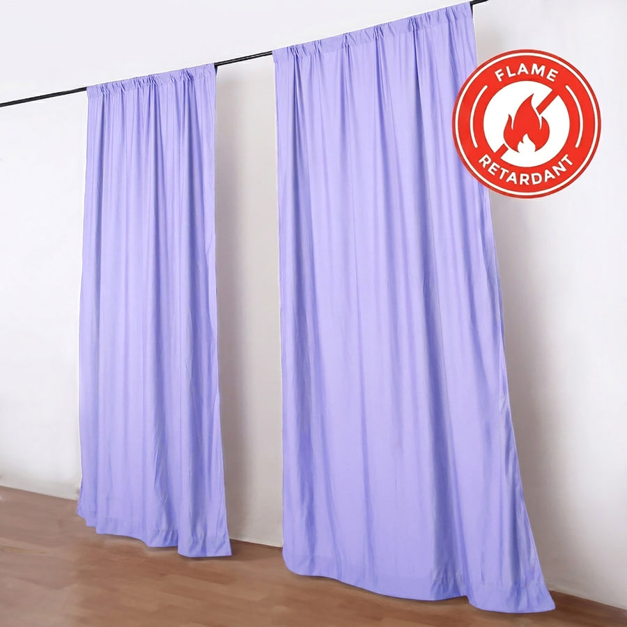 Lavender flame-retardant curtains with hanging rod in a room