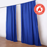 Blue flame retardant curtains on rod in room, fire-resistant drapes