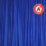 Blue flame-retardant curtain with a safety certification badge. #whtbkgd