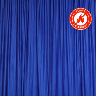 Blue flame-retardant curtain with a safety certification badge. #whtbkgd