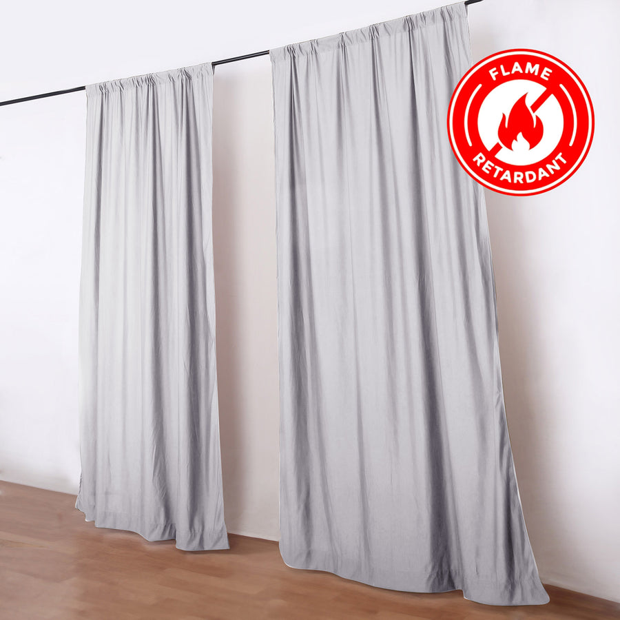 Flame retardant gray curtains on rod, fire-resistant window drapes