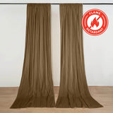 Flame retardant brown curtains hanging on a wall in a minimalist room