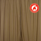 Flame retardant beige curtains, elegantly draped. #whtbkgd