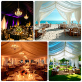 Elegant event setups with draped fabric and chandeliers in various stunning locations.