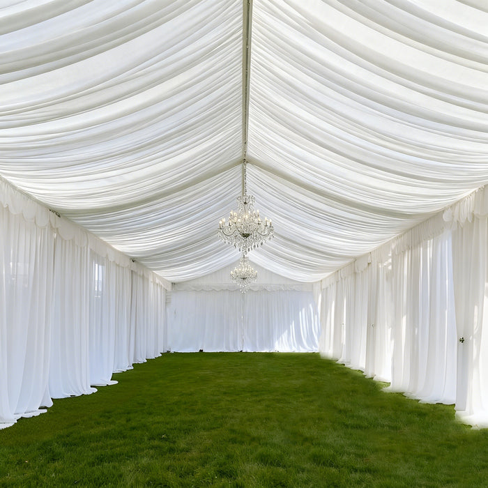 White Stretch Spandex Tent Ceiling Drape – 25ft x 36ft 100GSM Wrinkle-Free Fabric Ceiling Liner