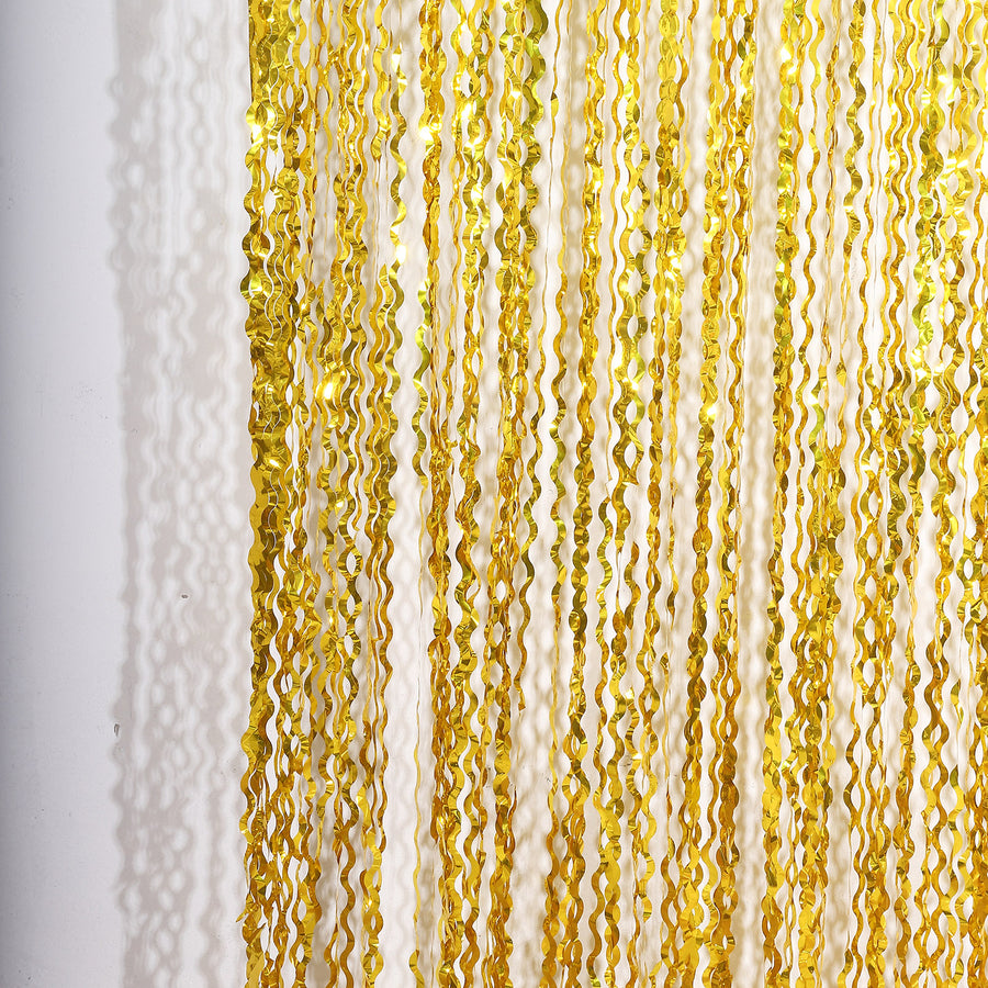 Metallic Gold Wavy Foil Fringe Party Backdrop, Curly Tinsel Streamer Photo Booth Curtain - 3ftx6ft