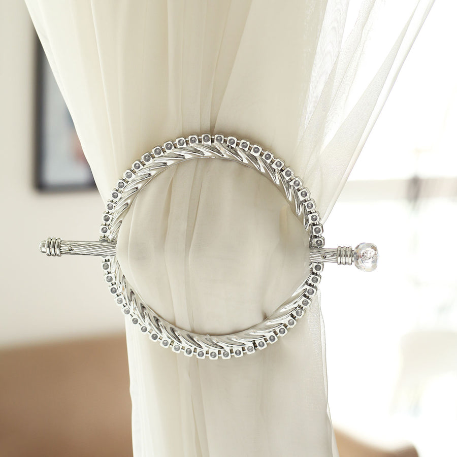 Set of 2 | 6inch Silver Acrylic Braided Barrette Style Curtain Tie Backs With Crystal Diamond